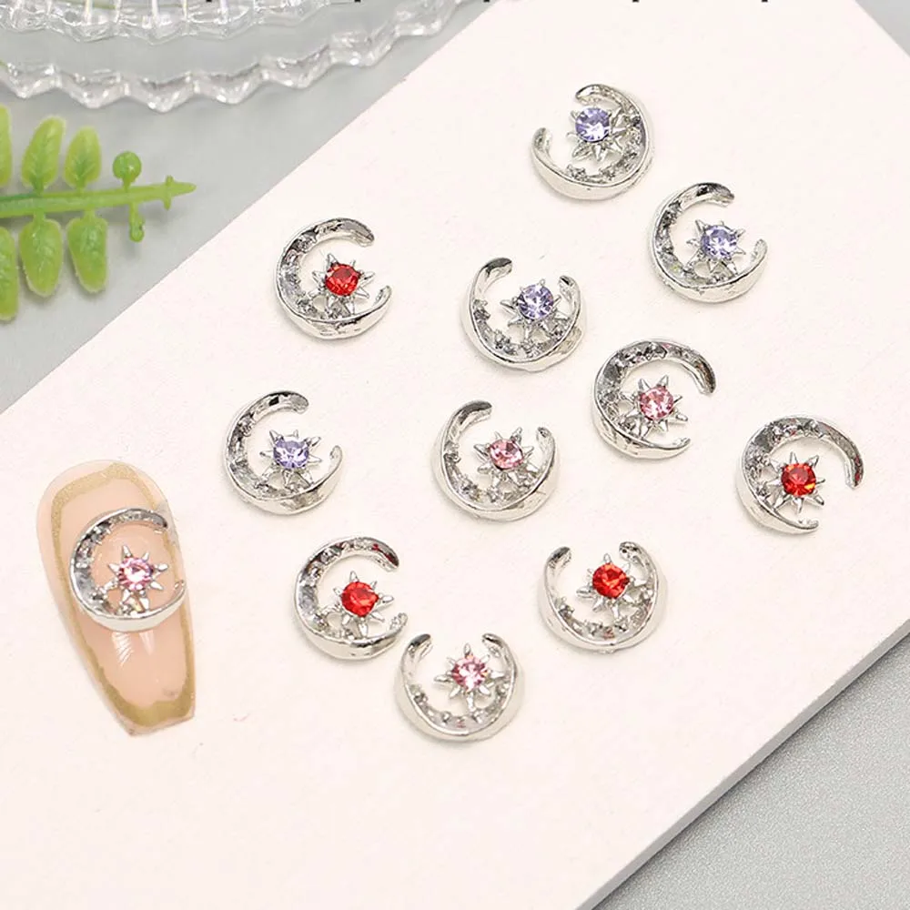 10pcs Pink Round Gem Moon Nail Art Charm 3D Punk Sun Crystal Inlaid Moon Nail Decoration DIY Luxury Manicure Accessories