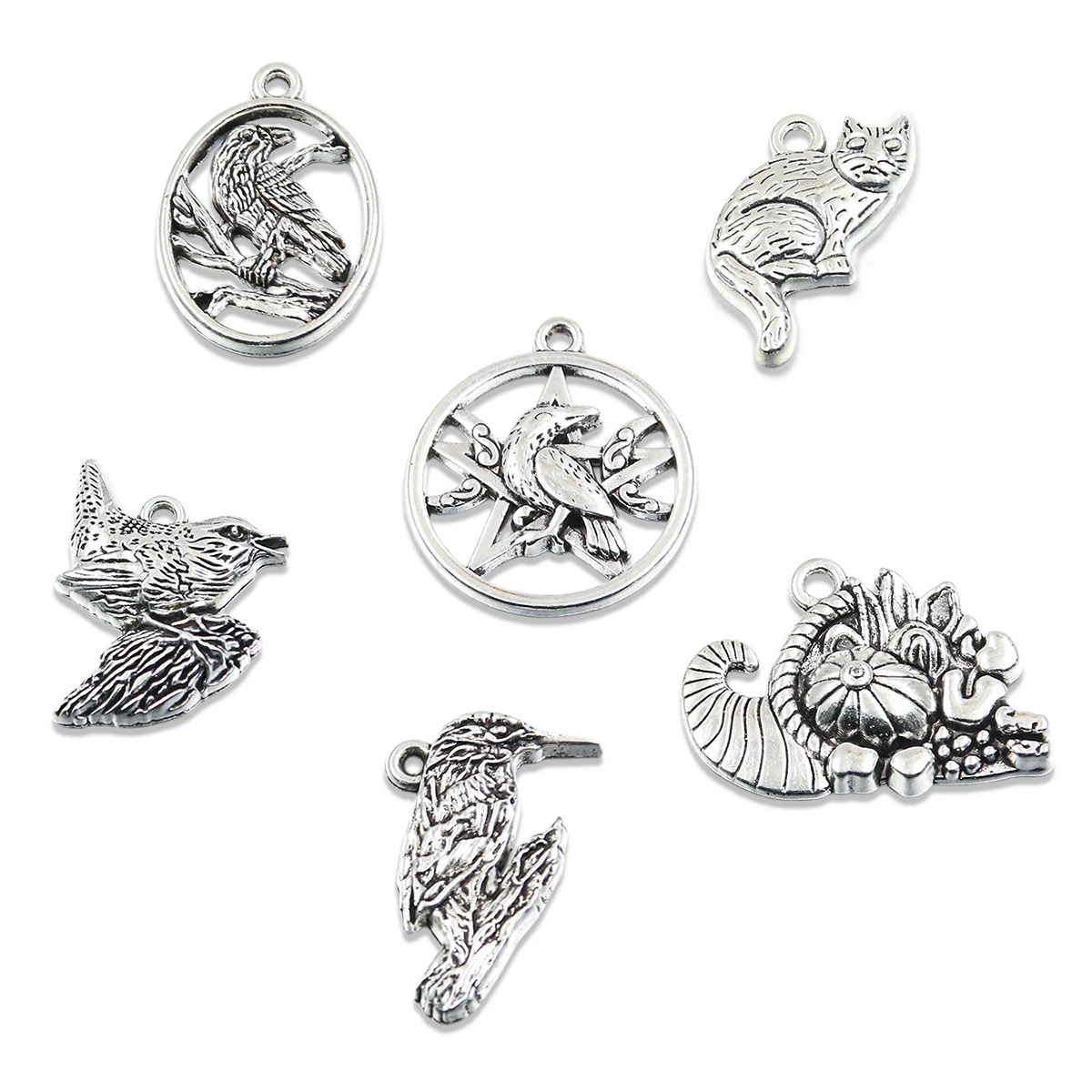 10Pcs Mixed Style Zinc Alloy Hollow Animal Pendant Cat Snail Bird Crow Woodpecker Charm Jewelry Making DIY Handmade Craft