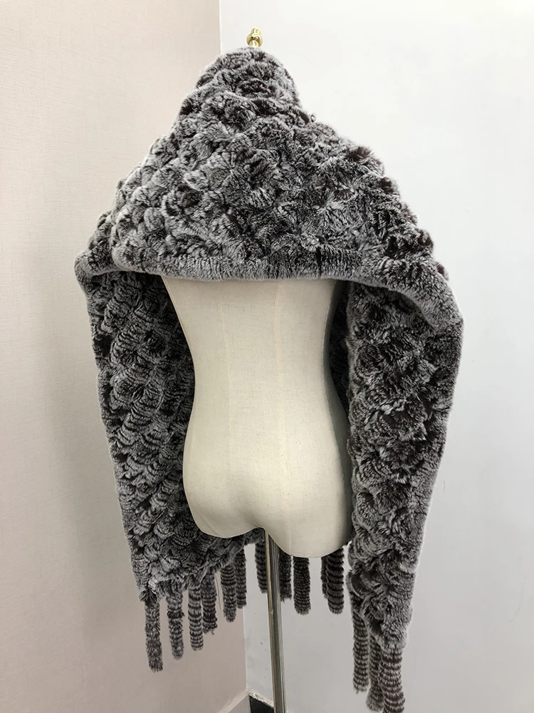 190*36cm Winter Gestrickte Echt Rex Kaninchen Fell Schal mit Tasche Breite Frauen Natürliche Kaninchen Fell Quaste Schal warm Langen Fell Schals – Detail 12