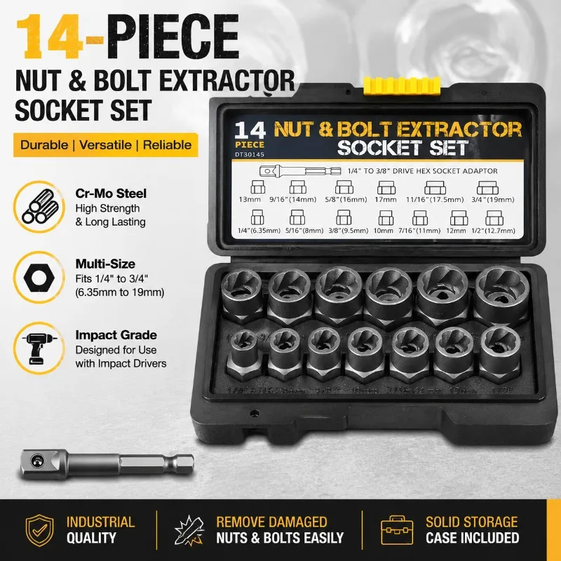 14Pcs Impact Bolt Nut Extractor Set Damaged Screw Remover Socket Kit Cr-Mo Steel Stripped Bolt Removal Hand Tool With Case