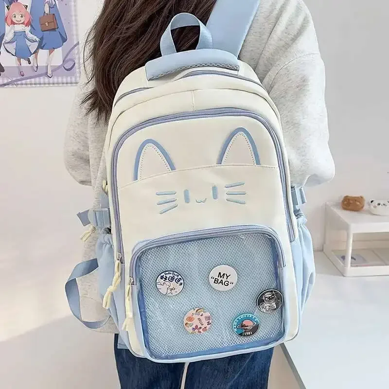 Y2K Cute Cat Backpacks Large Capacity Knapsack Casual Girl Transparent DIY Display Rucksack Cartoon Trendy Travel Schoolbags