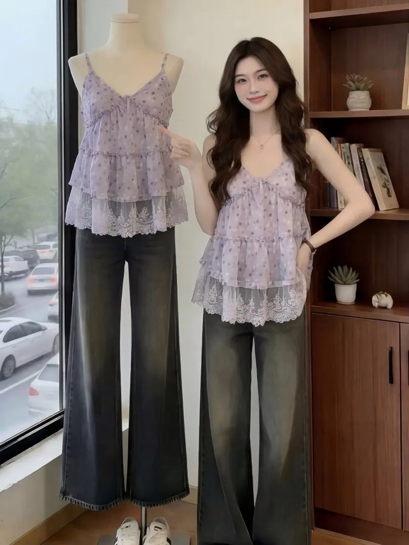 

Summer Vacation Floral Lace Hem Tank Top Women's Outerwear Design Sensation Sleeveless Shirt Casual Silk Chiffon V-neck