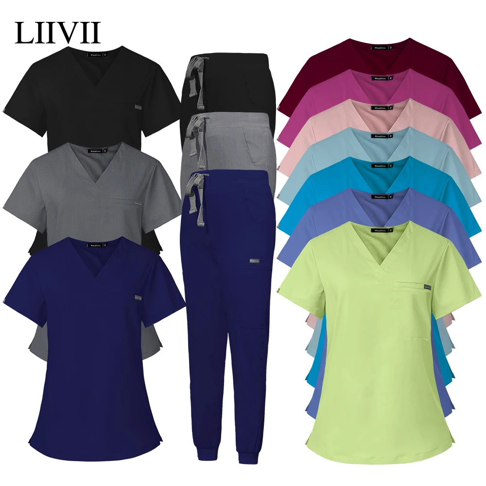 Dentist Clinical Workwear Men's Cool Stretch V-Neck Top Jogger Pants Medical Scrubs Set Beauty Clothes for Women Doctor Uniforms