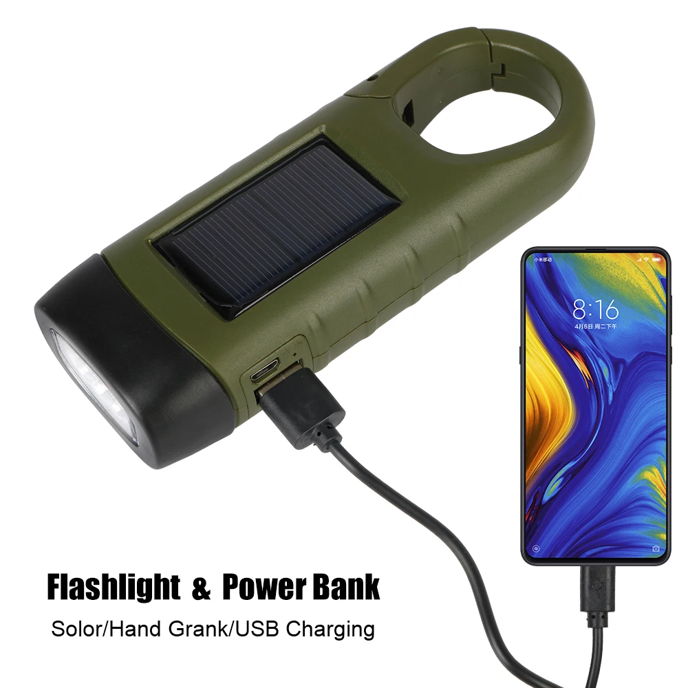 Power Bank Solar Flashlight Emergency Hand Crank Dynamo For Fishing Boating Hiking LED Flashlight Survival Gear Rechargeable