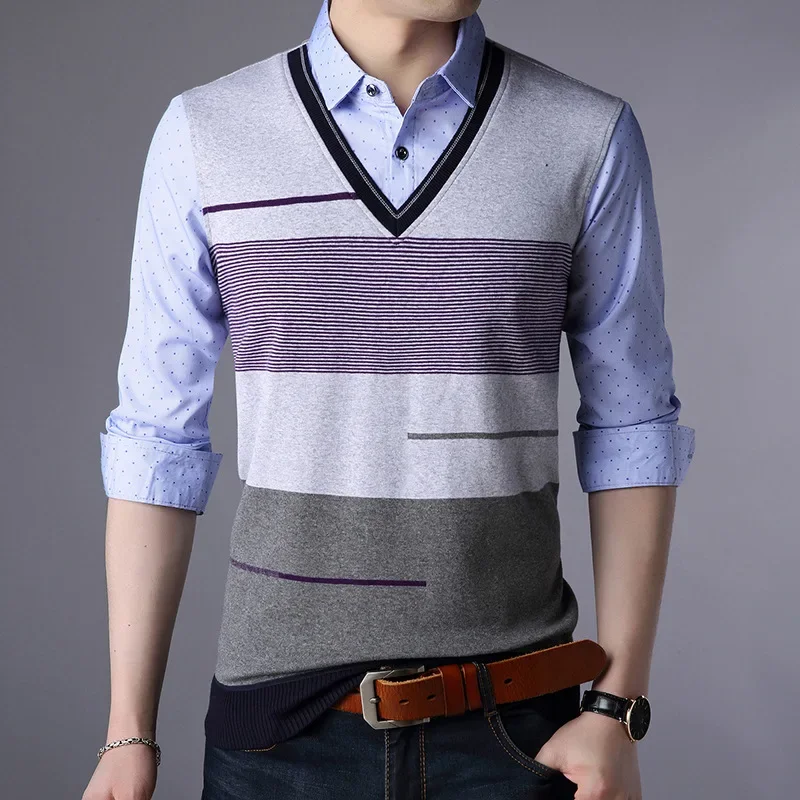 

Autumn and Winter Turn-down Collar Men's Shirt Collar Casual Polo Button V-neck Knitted Bottom Sweater Clothing Tops JJ849