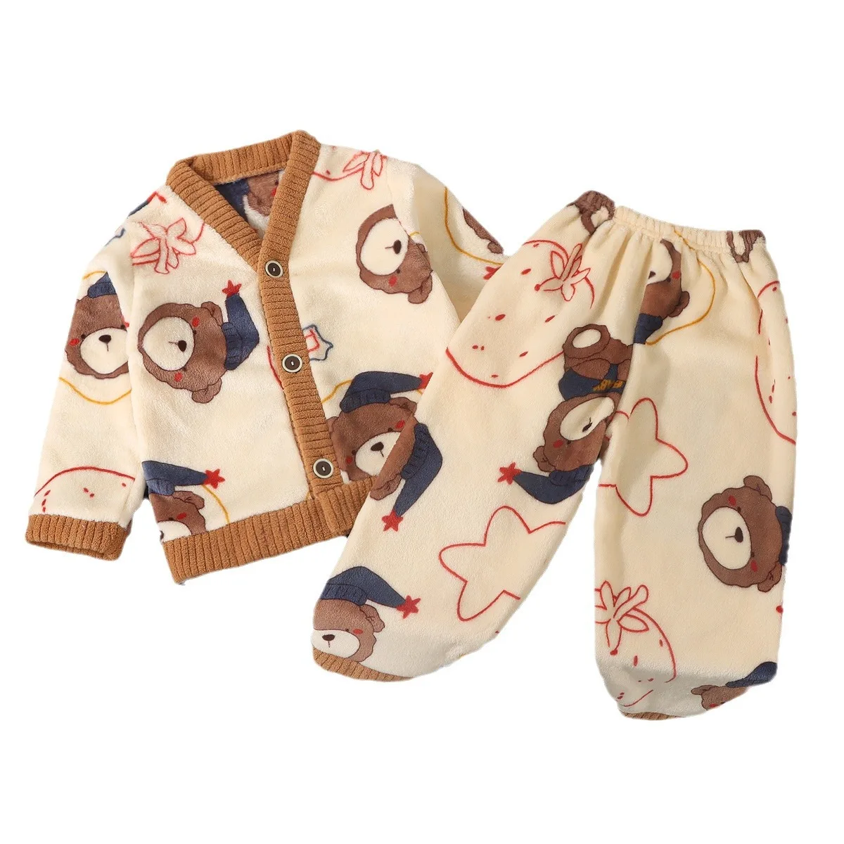 아동 가을 겨울용 두꺼운 따뜻한 플란넬 파자마 세트 아기 만화 곰 토끼 V넥 코트와 바지 남아 여아 캐주얼 홈웨어