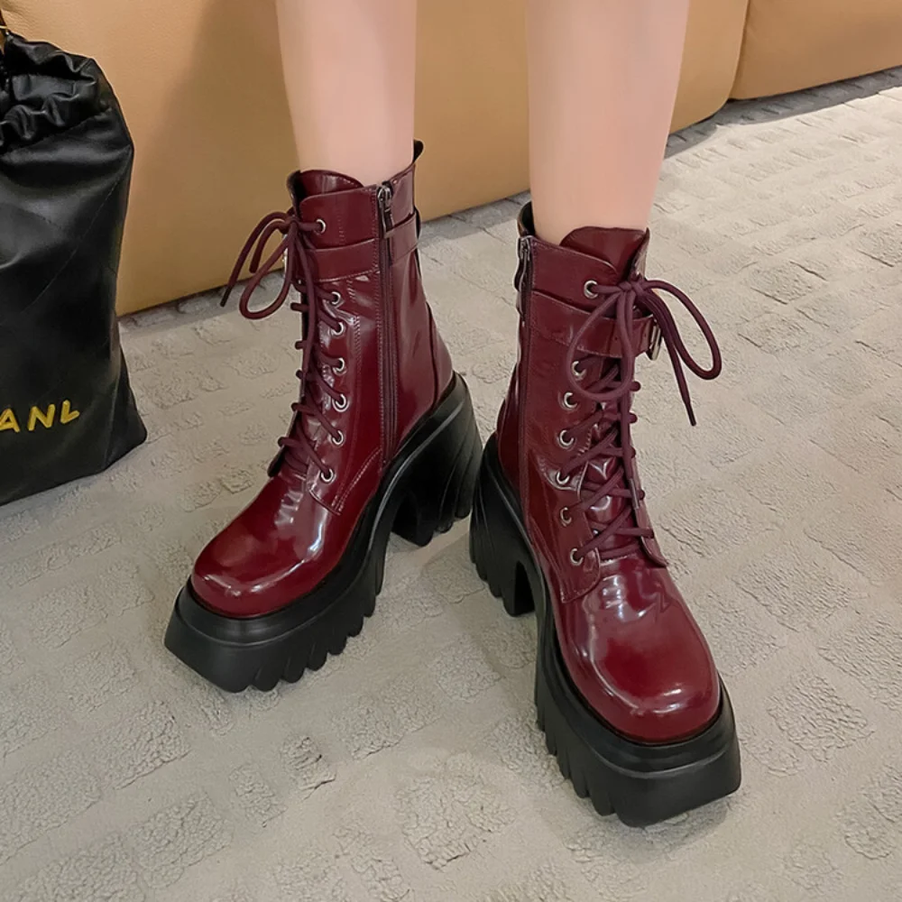 Wine Red Women Motorcycle Boots Platform Chunky Heel Ankle Boots Fashion Buckle Gothic Style Modern Boots High Heels Short Boots