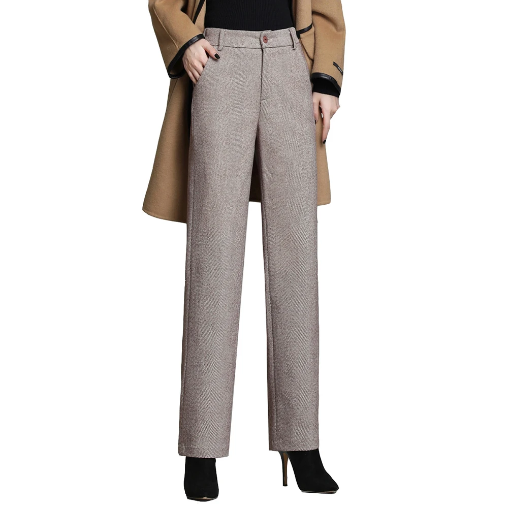 YUEY Autumn Winter Thicken Woolen Straight Feet Pants Women  Elastic Waist Flat OL Densy Warm Wool Trousers Beige Grey