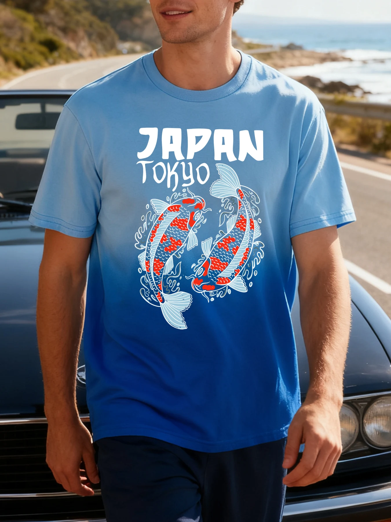 

Harajuku Japan Tokyo Koi Prints Men Tie-Dye T-Shirt Cotton T Shirt All-Match Comfortable Man Tee Top Summer Short Sleeve