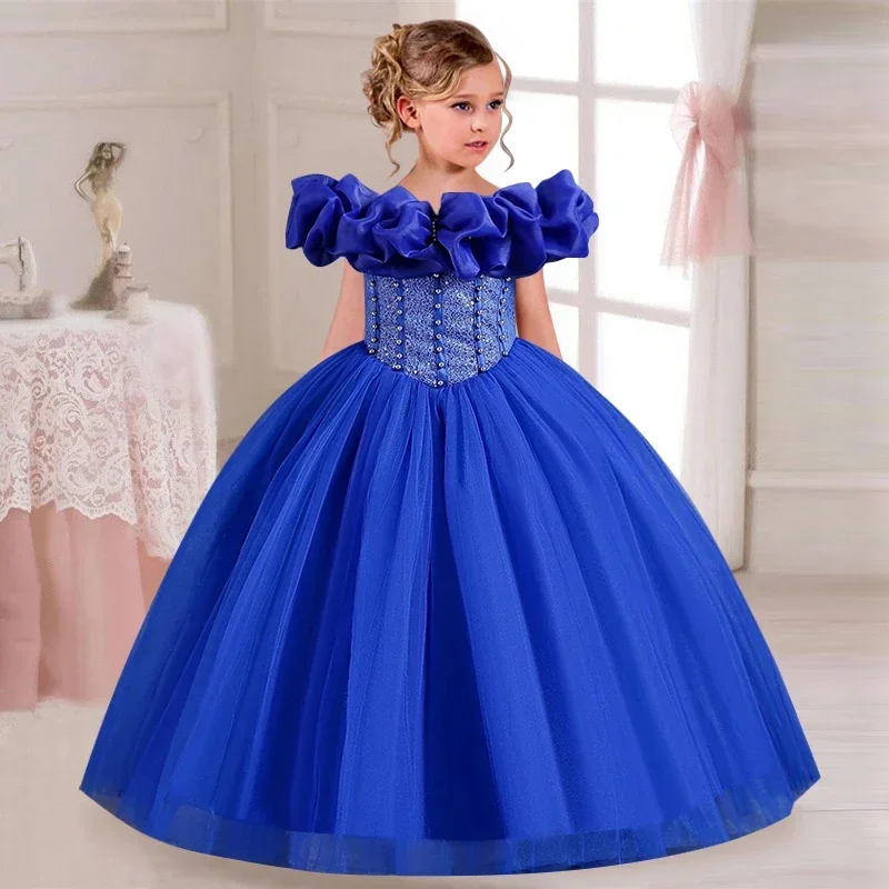 

Girl's sequin bow princess dress 4-12 year old baby one shoulder bubble sleeve puffy dress carnival party performance costume