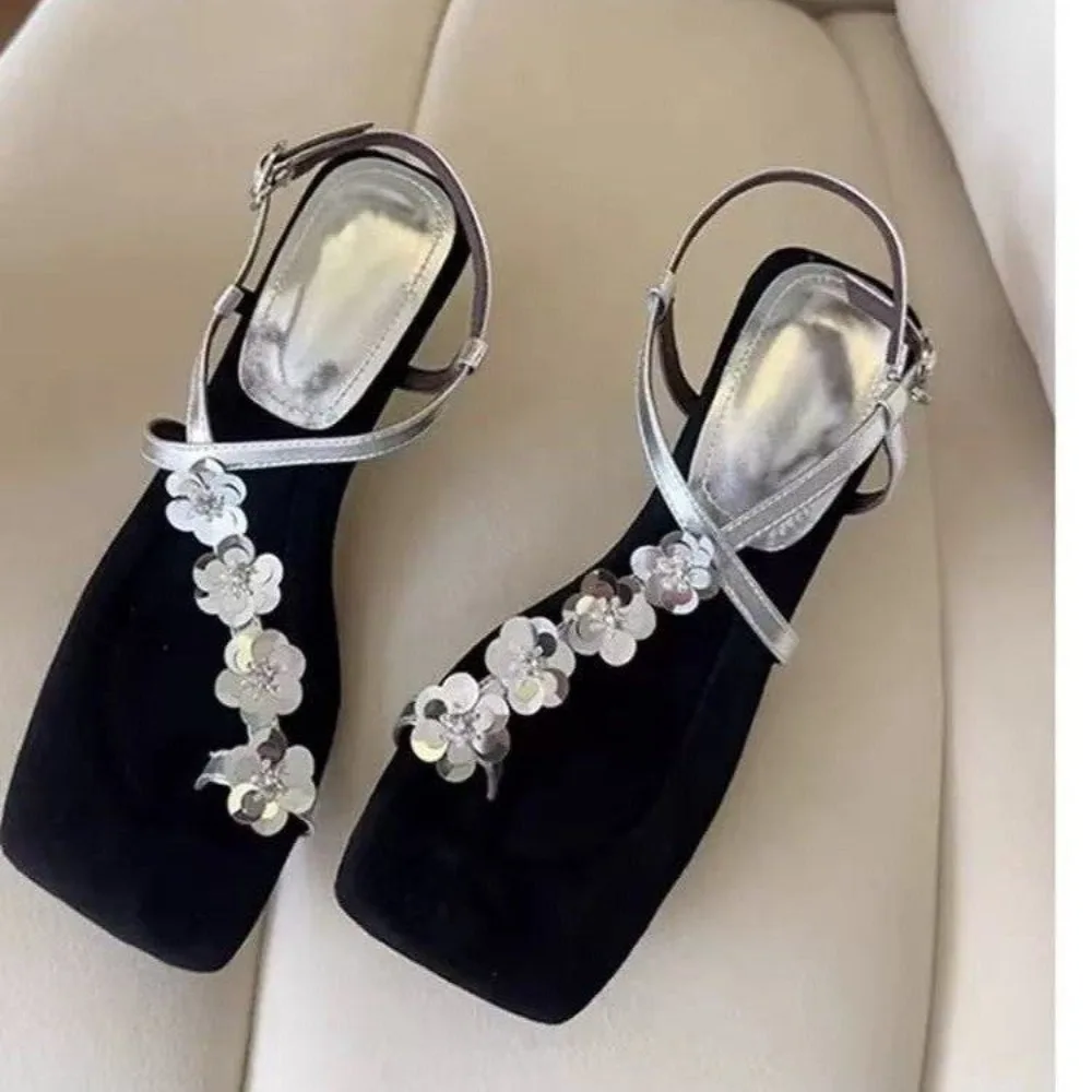 Designer Luxury Summer Open Toe Women Sandals Elegant Sequin Flower Pumps Ladies Outdoor Wedges Heel Gladiator Sandalias