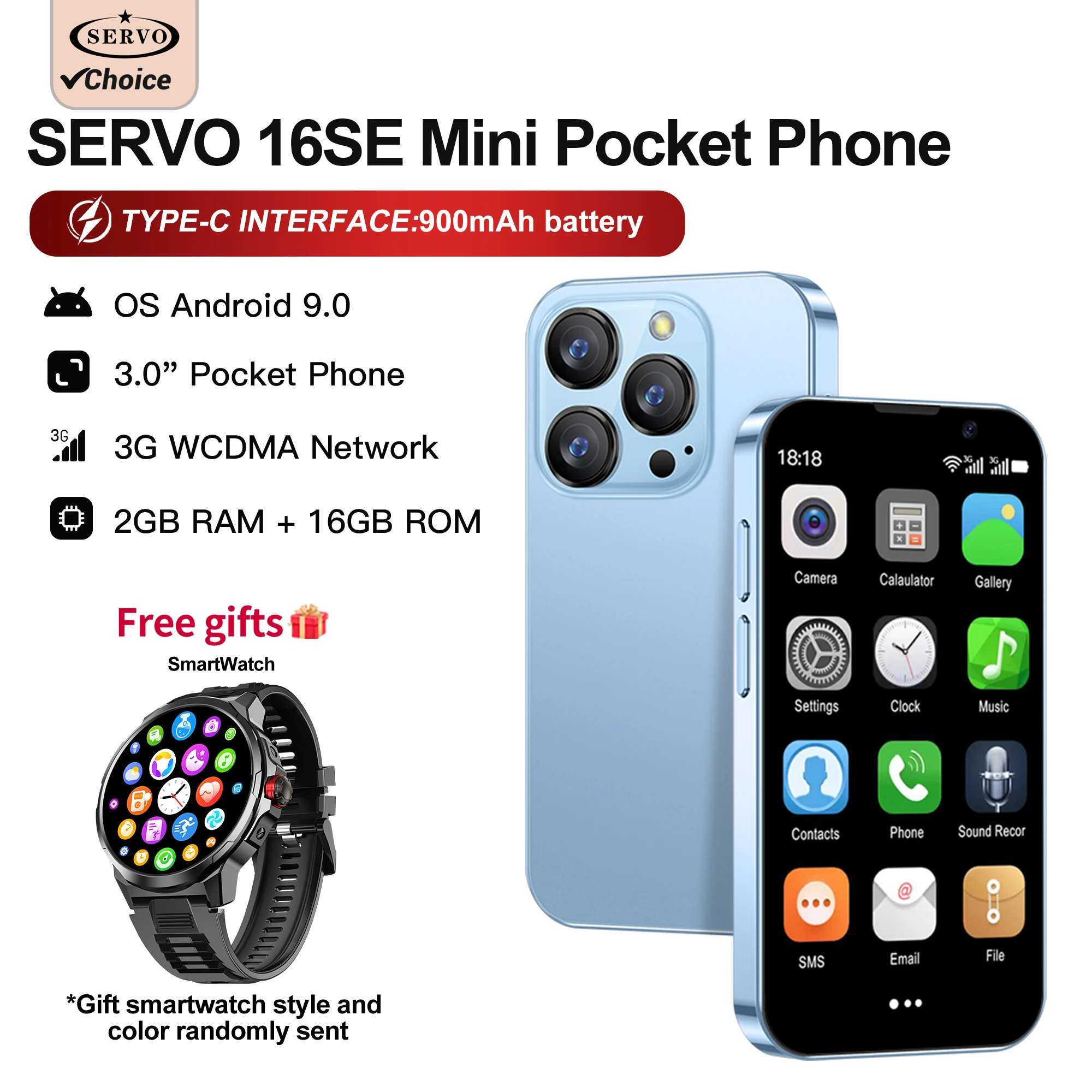 SERVO 16SE Mini Smartphone Android System Dual SIM 3.0inch Screen Face Recognition 2GB+16GB Play Store 3G Small Cellphone TYPE-C