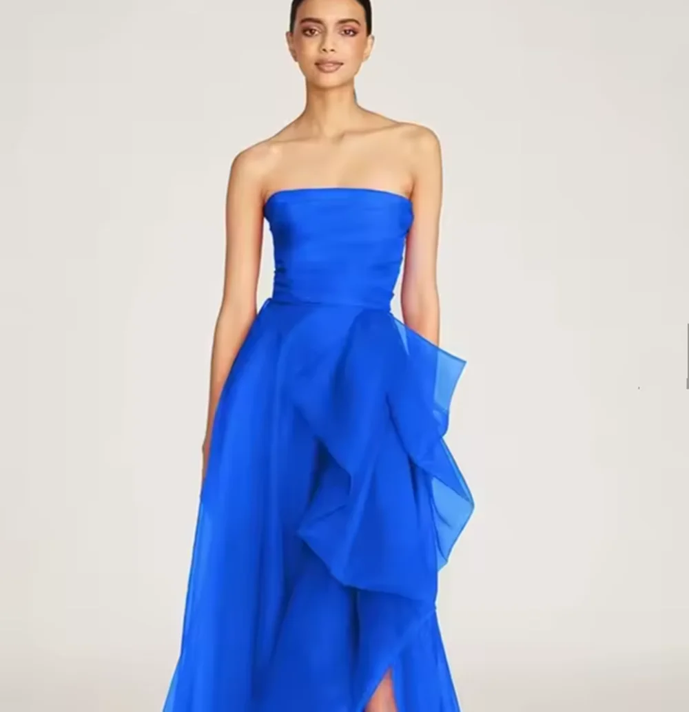 

CustomizedElegant Solid Color Organza Evening Dresses Strapless Sweep Train A-Line Zipper Back Floor Length Sleeveless Celebrity