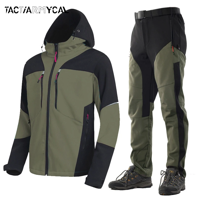 2024 Casual Winter Men Jackets Fleece Thick Pants Men\'s Sets Warm Waterproof Hooded Coats Male Cargo Pants Tactical Suits M-4XL