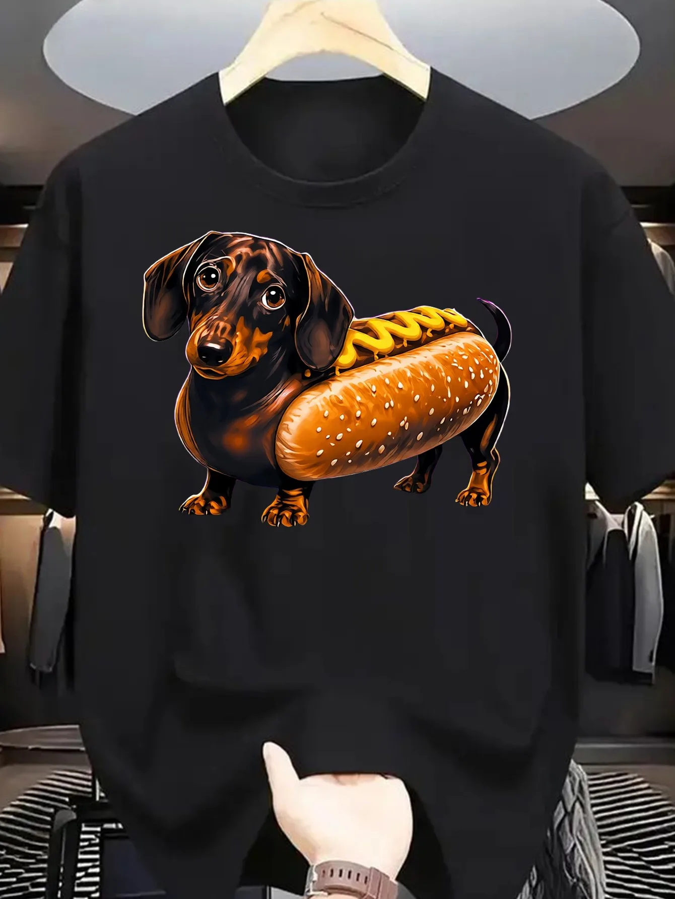 Trendy hot dog print short-sleeve T-shirt for men, summer loose casual breathable top, street style with unique design, comfortable and versatile