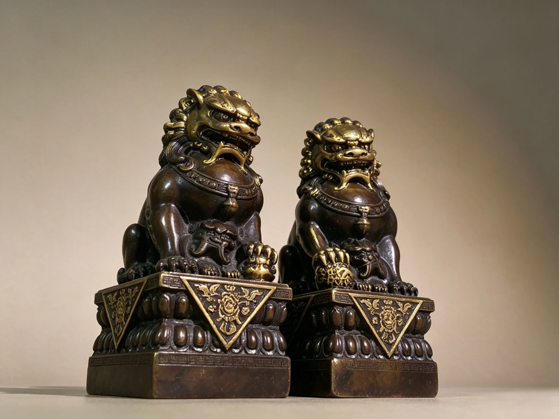 A Pair of Vintage Gilded Pure Bronze Lion Ornaments, Craft Decorations for Home, Office and Entrance Hall, Suitable for Antique