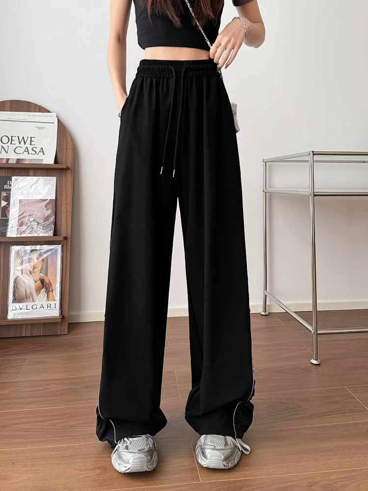 Casual Hiphop Sweatpants Reflective Striped Loose Jazz Pants Female 2025 New Couple Black Pants Korean Fashion Street Pants