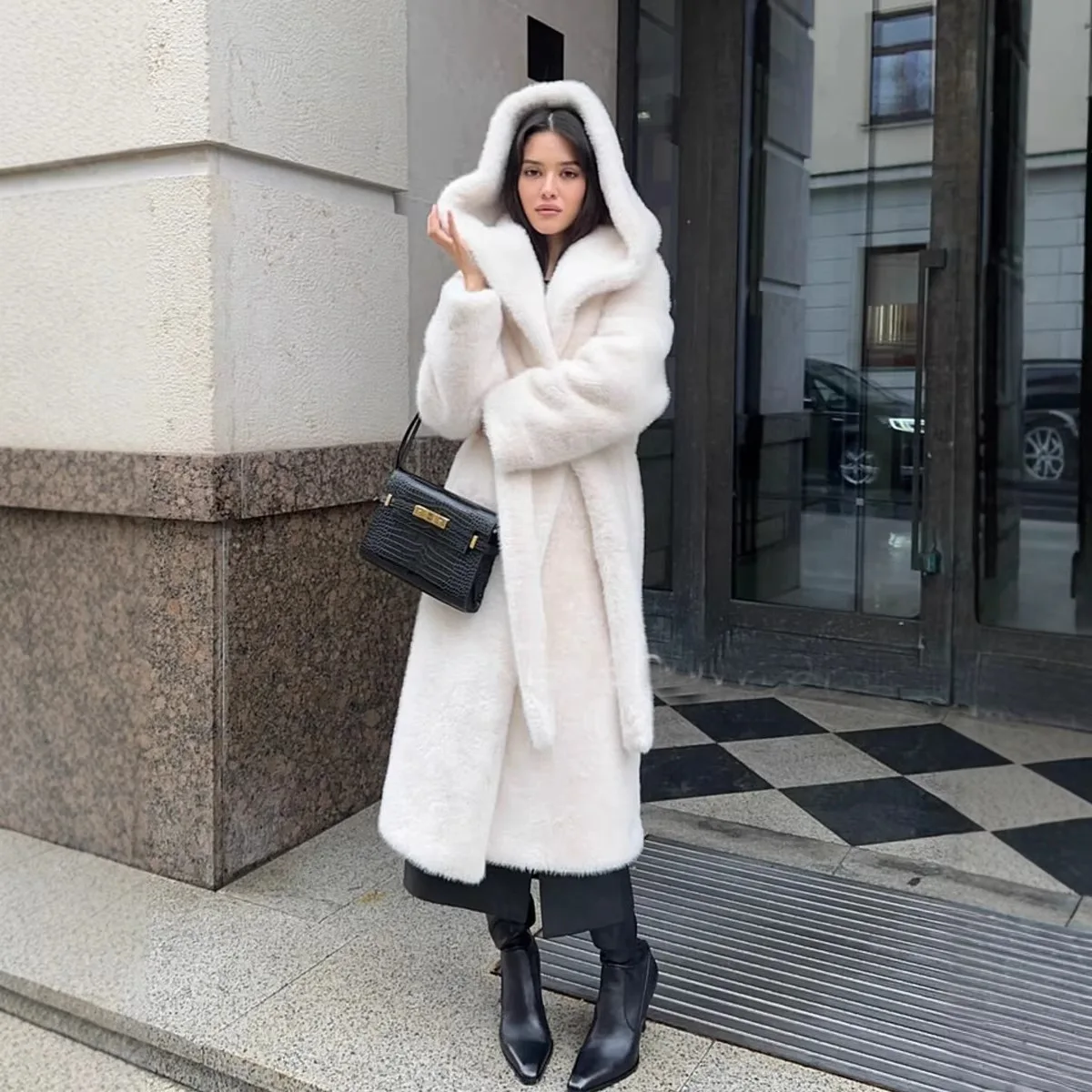 

Long Women's Faux Fur Coat with Hood Autumn Winter Eco-friendly Water Vole Velvet Jacket Large Size Upper Body Outerwear