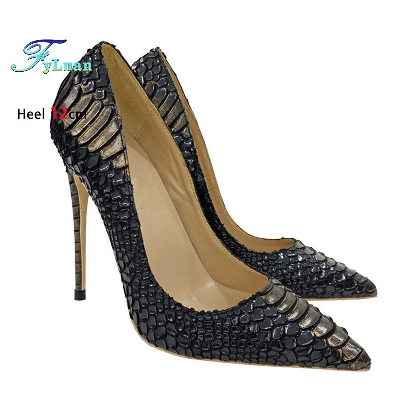 Snake Print Emboss 8CM 10CM 12CM Pointed Toe High Heels Women Single Shoes Stiletto Fashion Party Shoes For Ladies Black Pumps