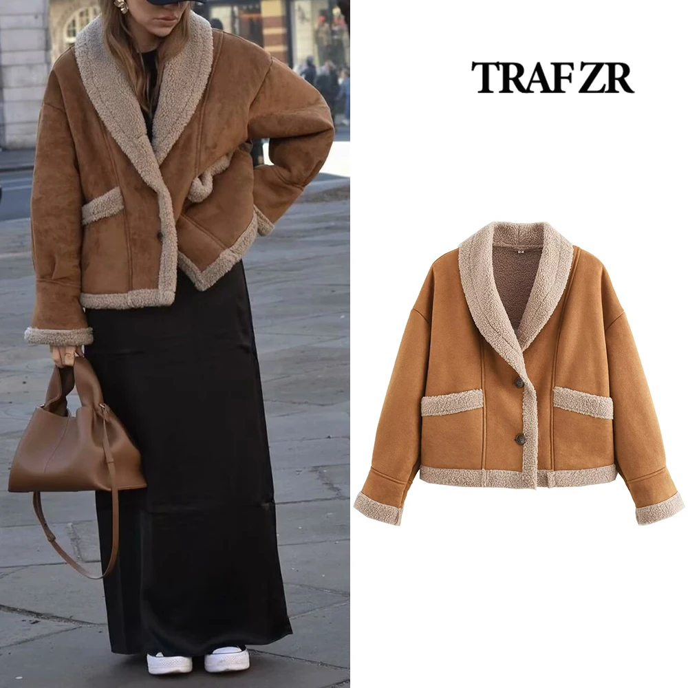 TRAF ZR Vintage Faux Fur Coat Shawl Collar Single Breasted Synthetic Leather Jackets for Women Women's Artificial Sheepskin Coat