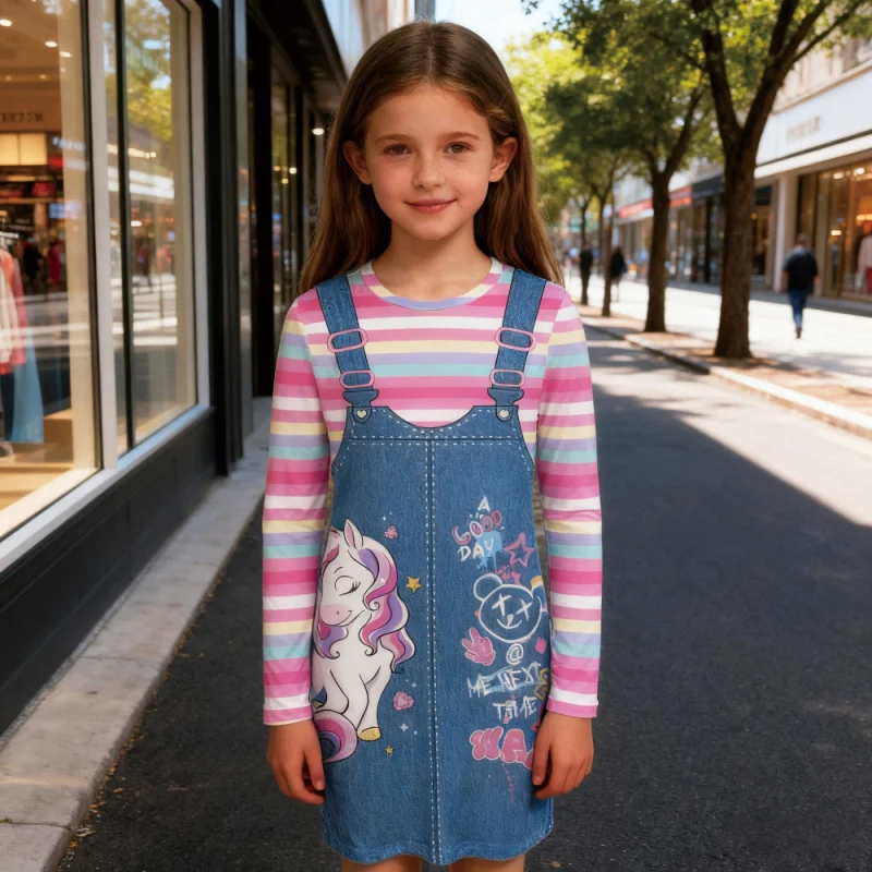 2025 Trendy New Products, Girls' Fake Two-piece Imitation Denim Rainbow Stripe Long-sleeved Unicorn Print, Cute Casual Dress