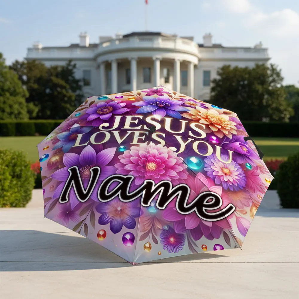Custom Name Umbrella Jesus Loves You Floral Gemstone Print Folding Umbrella Compact Portable Travel Parasol For Religious Theme