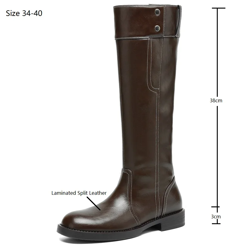 Insicre 2025 Fashion Women's Knee High Boots Laminated Split Leather Round Toe Thick Low Heels Sewing Handmade Winter Shoes