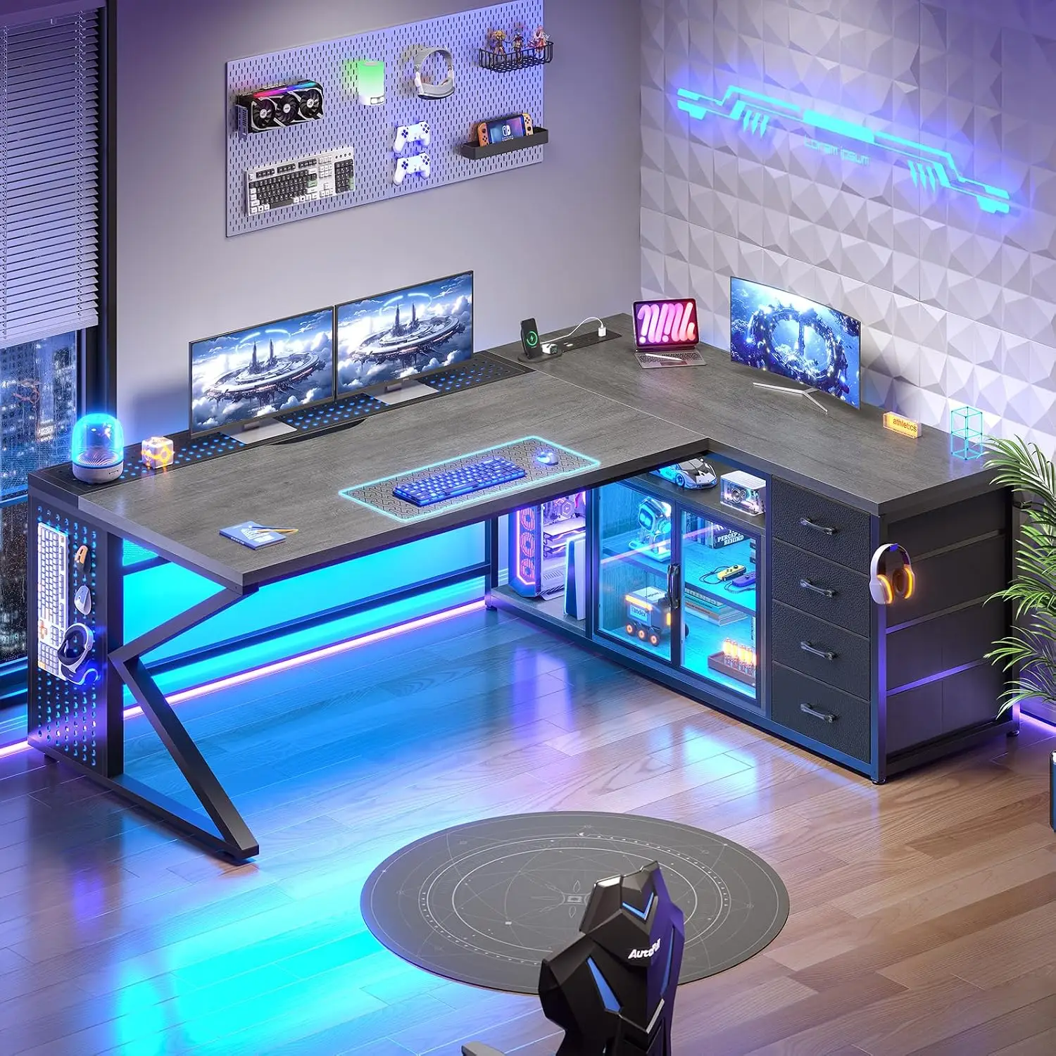 63 Inch L Shaped Gaming Desk with 4 Drawers, Gray Corner Computer Desk with LED Lights and Acrylic Cabinet for Home Office