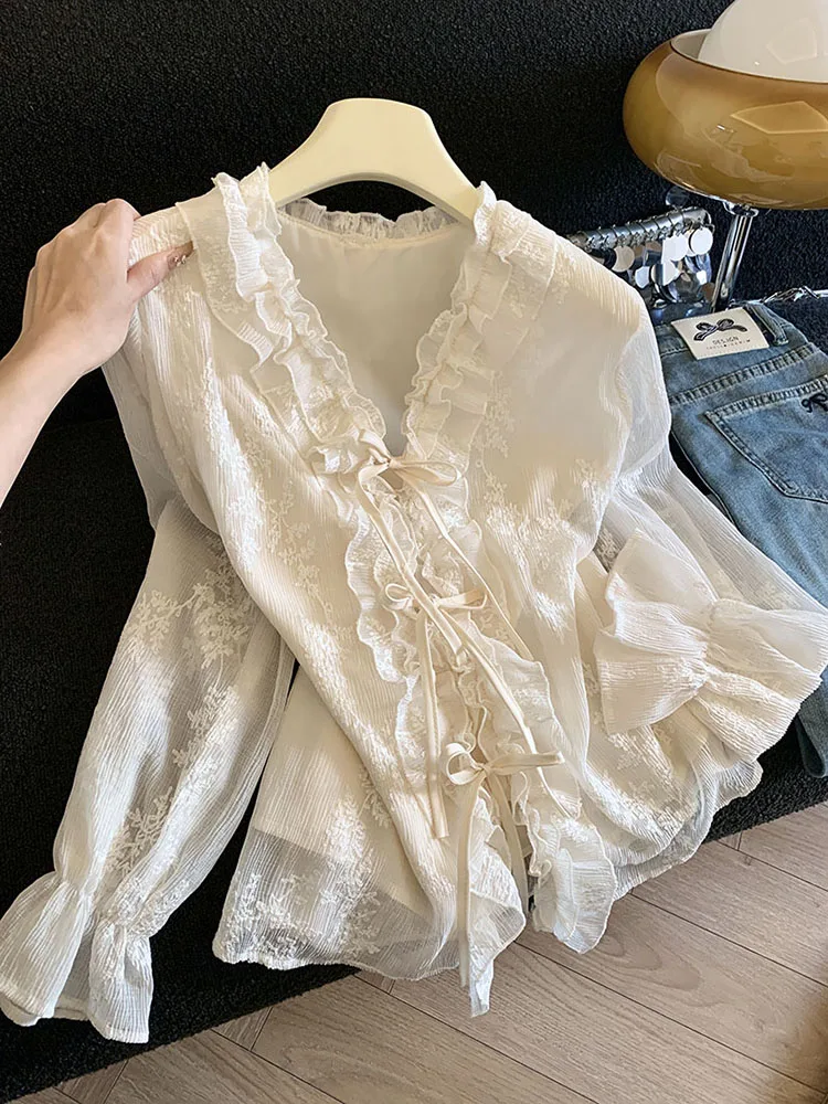 French Elegant Ruffles Shirts Women Spring Floral Embroidery Bandage V Neck Blouse Female Lace Patchwork Long Sleeve Fashion Top