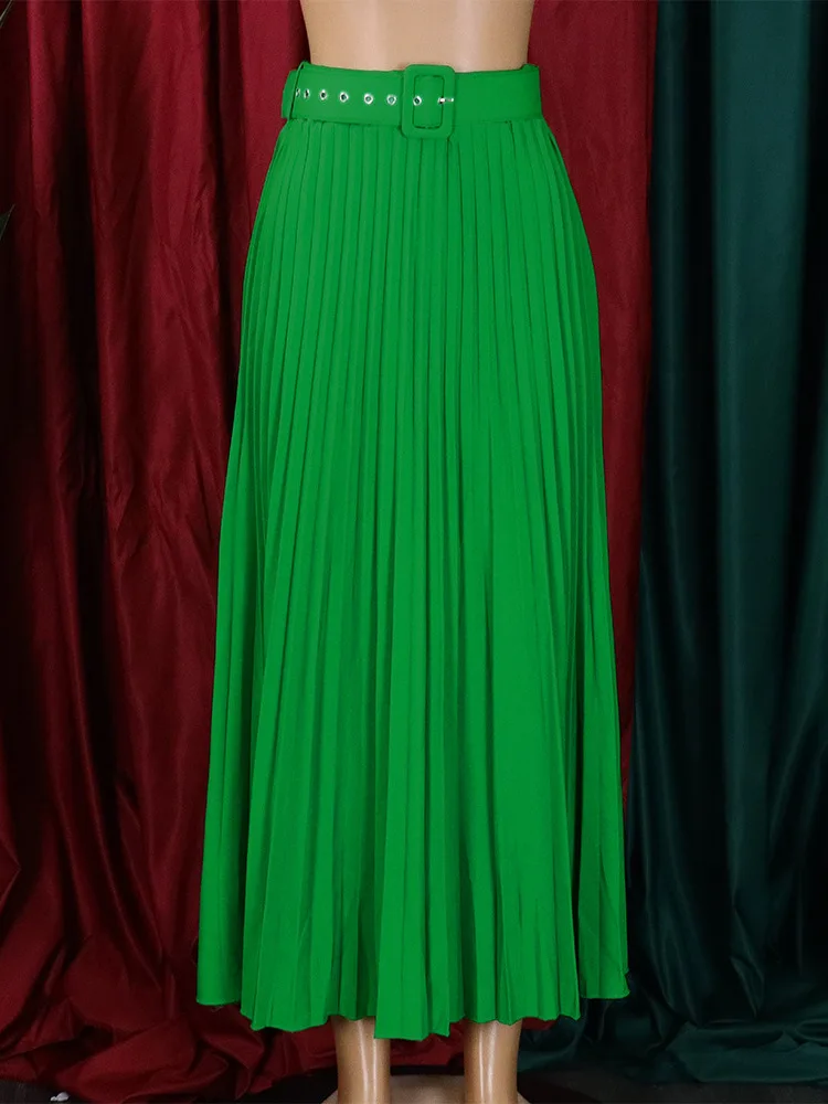 High Waist Pleated Skirt with Belt Casual Sle Women's  Skirt Gathered A-Line Silhouette Elastic Waist Other Material