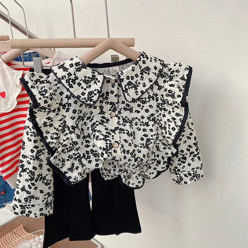 Autumn New Girls' Clothing Sets Stitching Lace Floral Shirt +Flared Pants Suit Girls Fashion Kids Outfit Spring Children Clothes