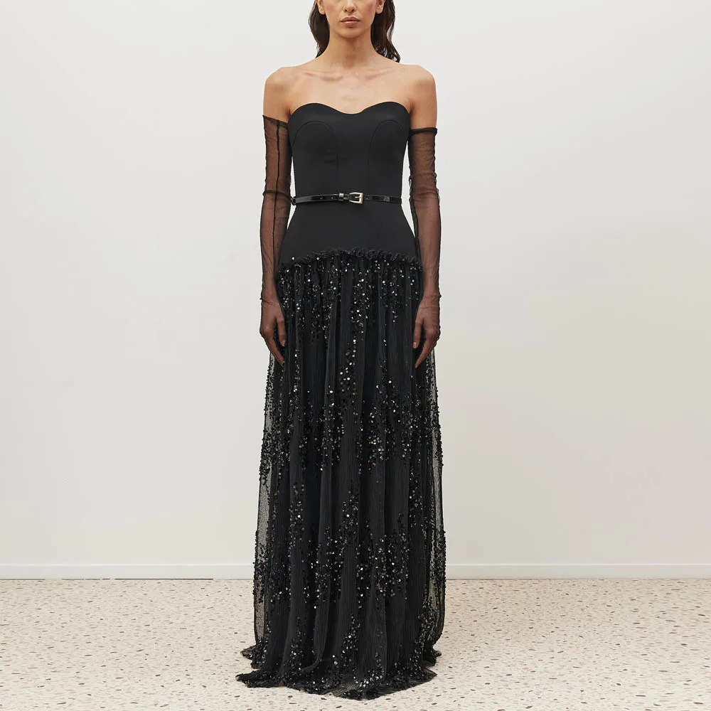 

Индивидуальный черный вечерний костюм А-силуэта с плиссировкой и вырезом «сердечко», украшенный пайетками, длинное вечернее платье с перчатками
