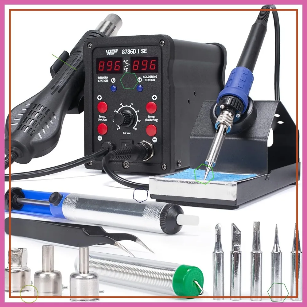 Kit de estación de soldadura de hierro de aire caliente 2 en 1 con controles digitales, 5 puntas, 3 boquillas y accesorios