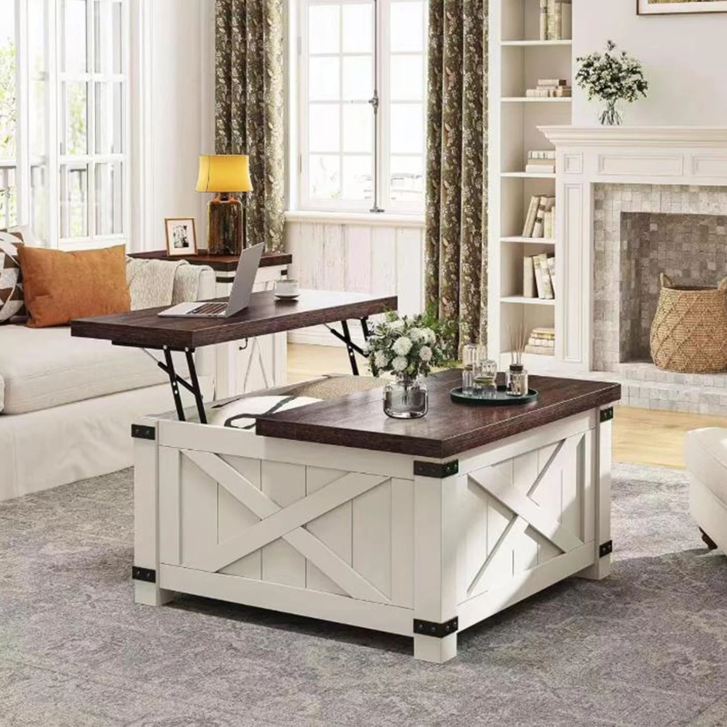 Lift Top Coffee Table, Hidden Storage Coffee Table, Rustic Industrial Lift Table, Multifunctional Living Room Desk for Small Spaces, White