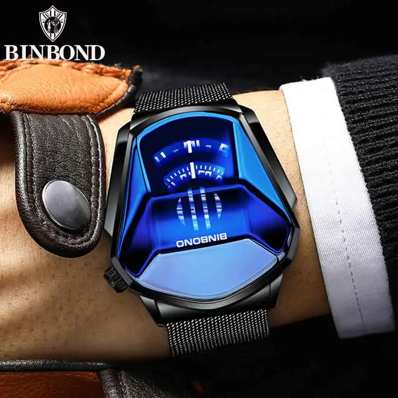 BINBOND 01 Fashion Luxury Unique Military Motorcycle Stainless Steel Waterproof Business Sports Golden Style Concept Men's Watch