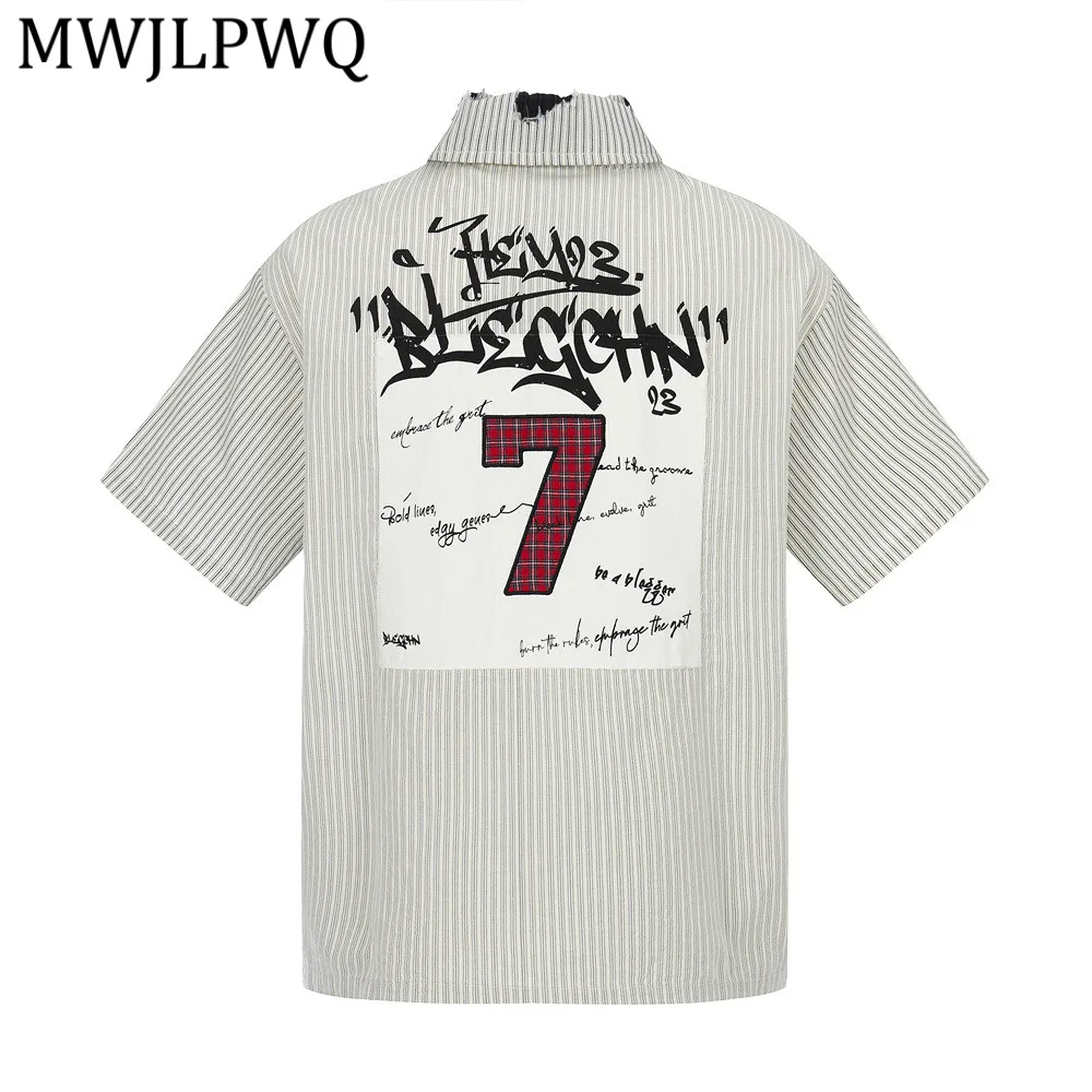

MWJLPWQ American Trendy Vertical Striped Short-Sleeve T-shirts For Men Hip-Hop Street Style Graffiti Letter Design Tops 14712