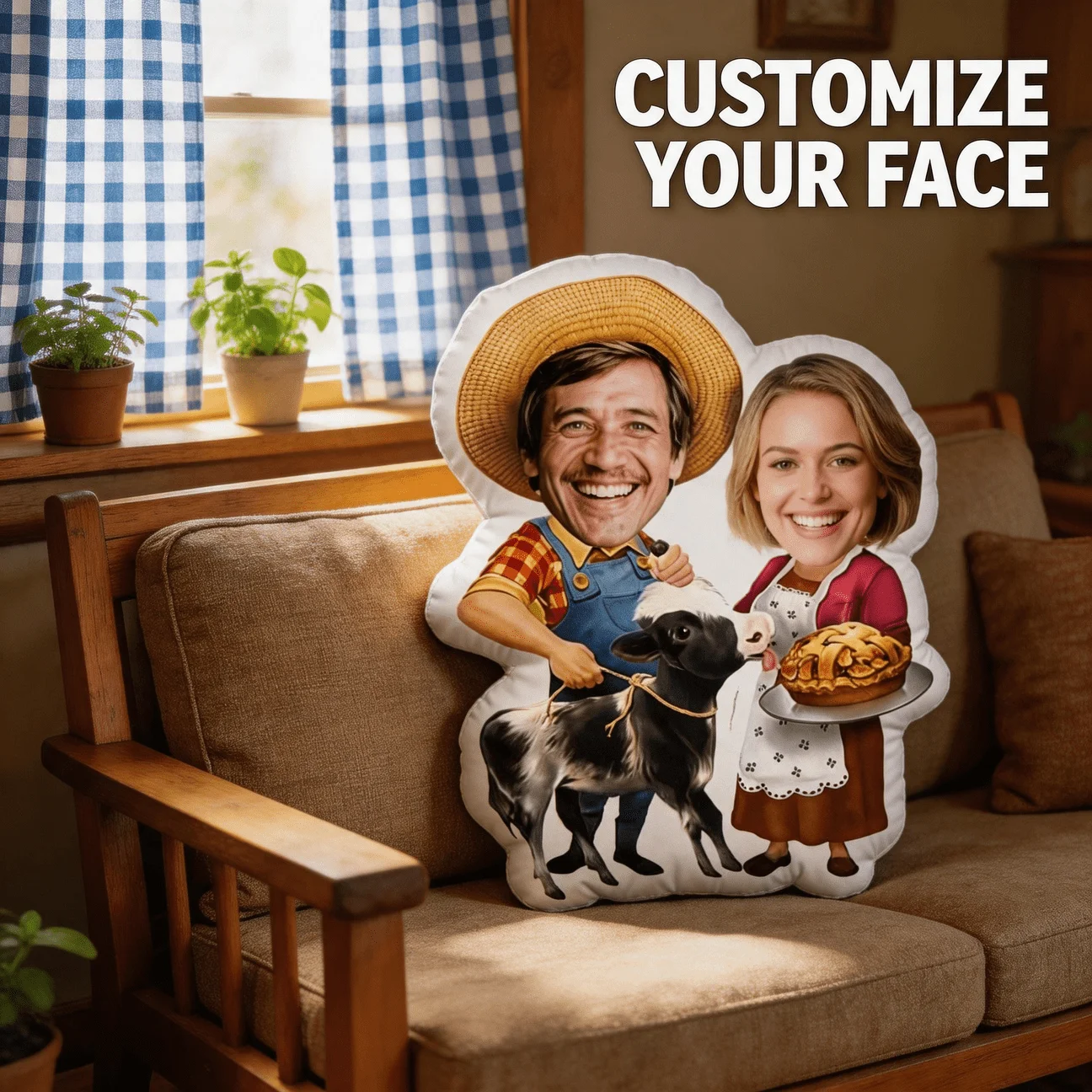 Custom Photo Shaped Pillow, Personalized Farmer & Country Couple Face Decorative Cushion, Funny Farm Style Home Decor Accent for