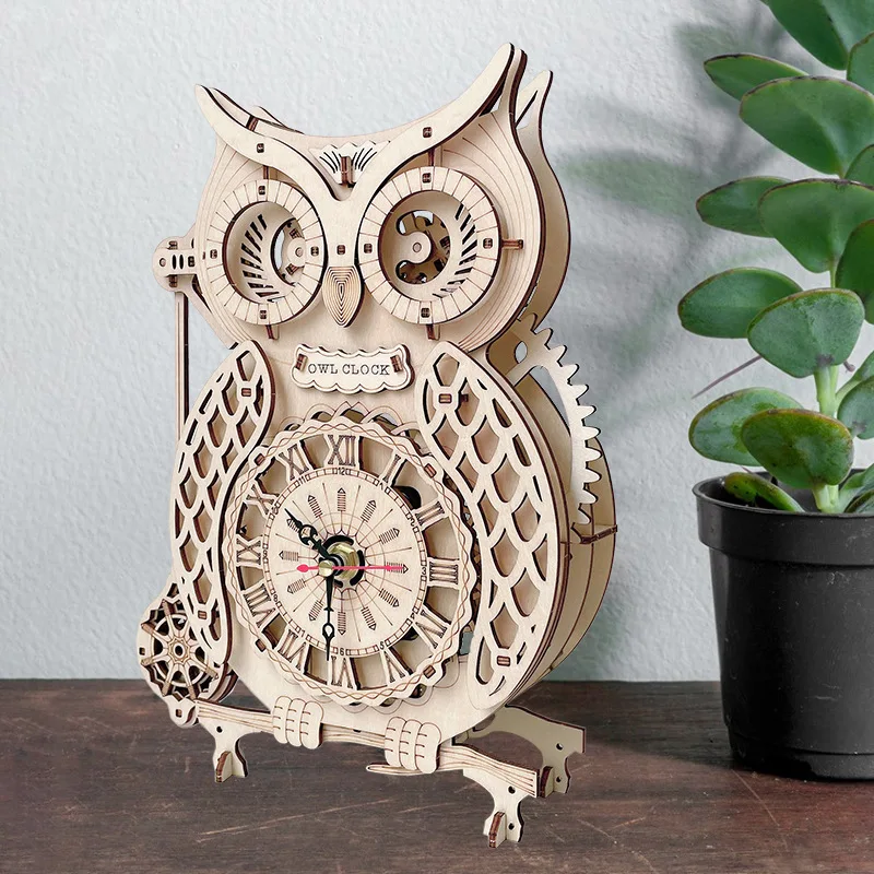 Handmade wooden clock  DIY Creative 3D Wooden Owl High Difficulty Assembly Model Pendulum Clock Irregular Puzzle