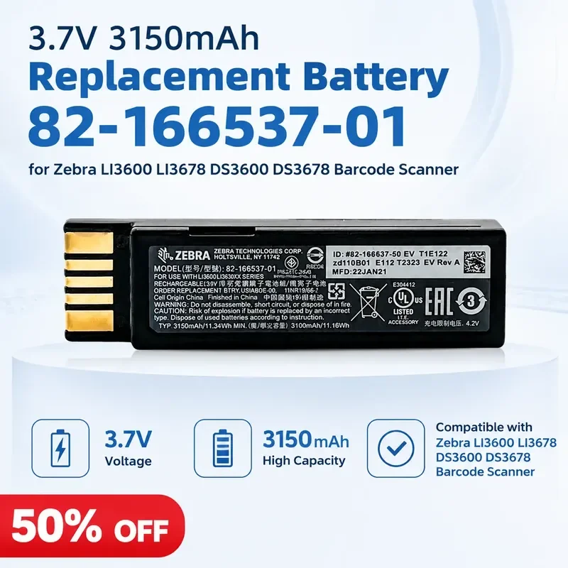 3.7V 3150mAh Replacement Battery 82-166537-01 for Zebra LI3600 LI3678 DS3600 DS3678 Barcode Scanner