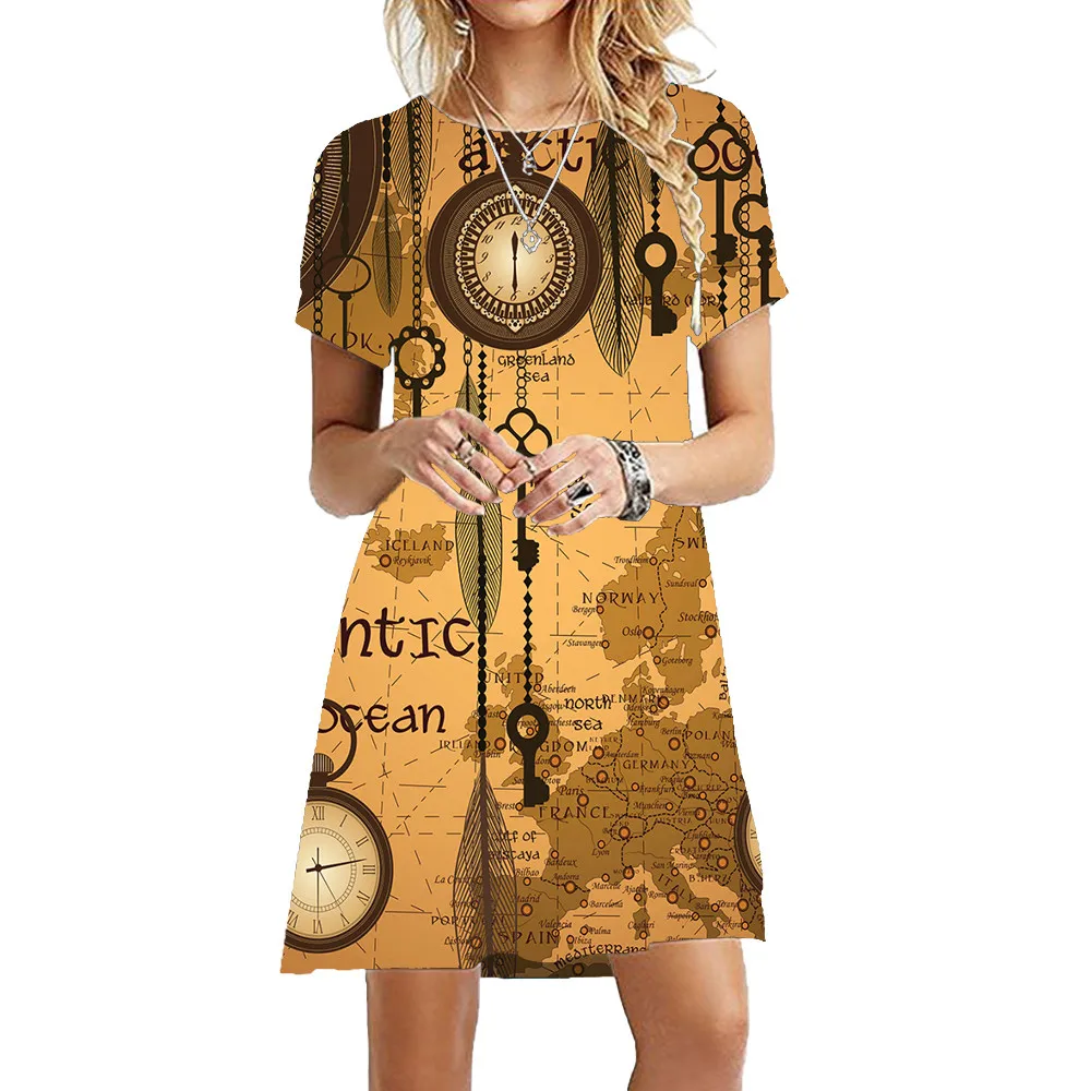 خمر محرك بخاري طباعة الشرير فستان المرأة ساعة جيب فستان قصير الأكمام الصيف الملابس المتضخم فستان قصير الرجعية غير رسمي #5