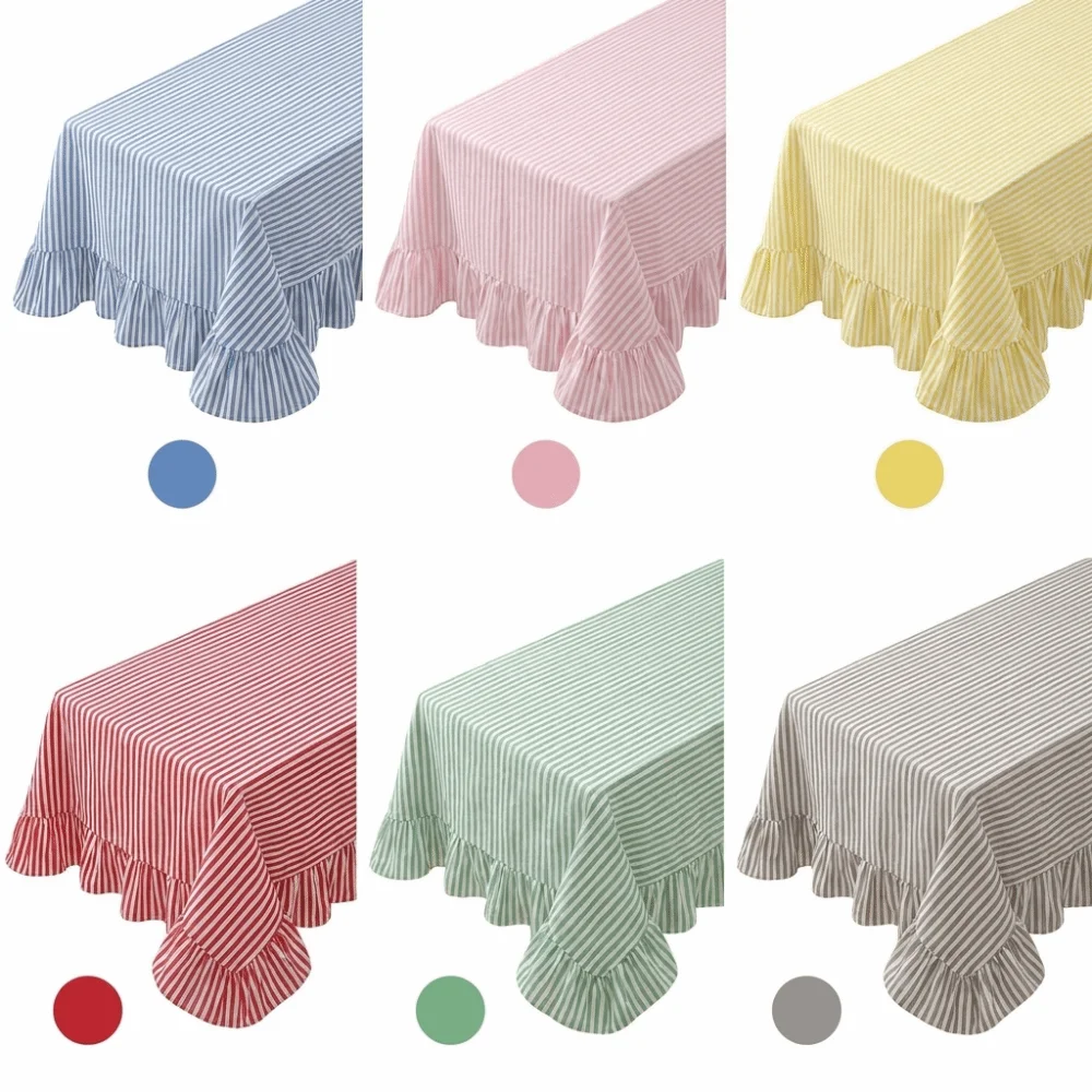 Vertical Striped Table Cover Washable Wrinkle-Resistant Striped Ruffle Tablecloth Ruffle Trim Farmhouse Tablecloth Wedding Decor