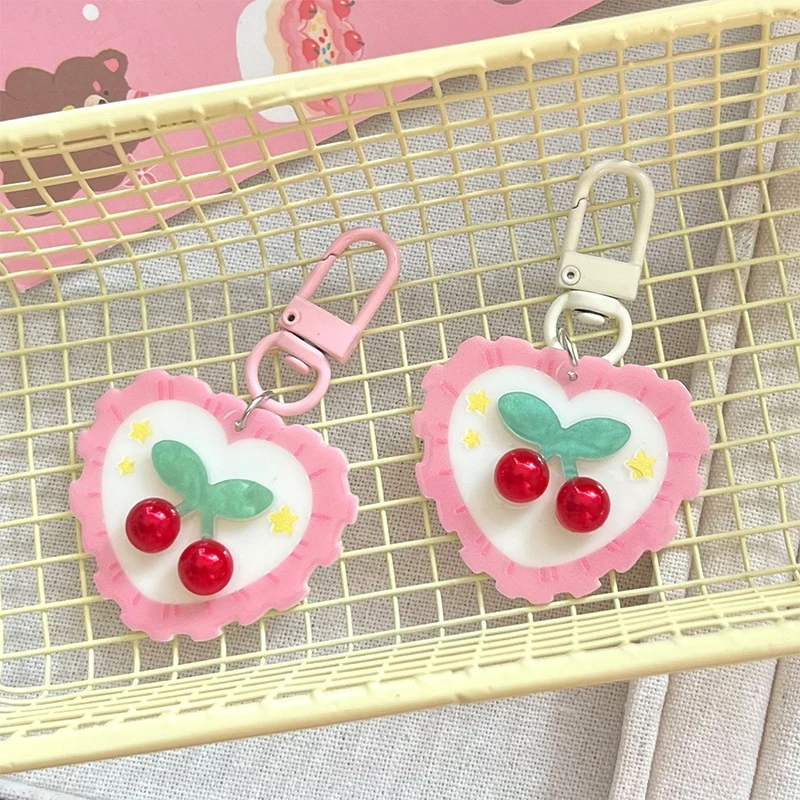 Cute Pink Love Cherry Key Chain Sweet Girl Pendant Car Key Ring Backpack Charms Bag Decor Accessories Bestie Gift