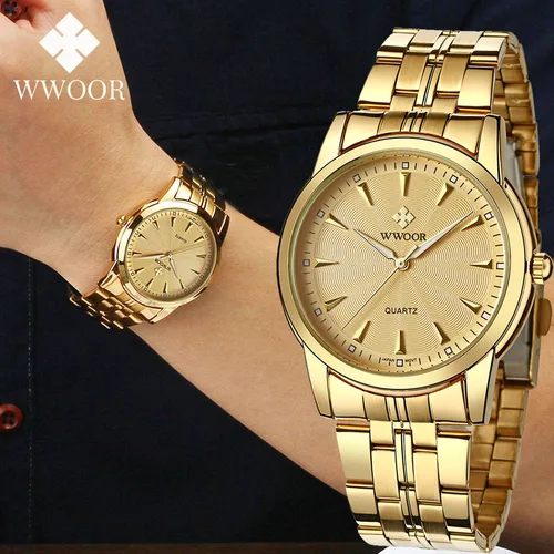 Reloj WWOOR 2025 para hombre, marca superior, moda de lujo, oro, acero inoxidable, informal, cuarzo, relojes de pulsera simples impermeables, reloj Masculino