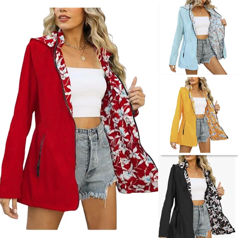 

Women's Autumn Zip-up Hooded Jackets Fashionable Reversible Jacket Long-sleeved Floral Print Casual Coat Outdoor Windbreaker