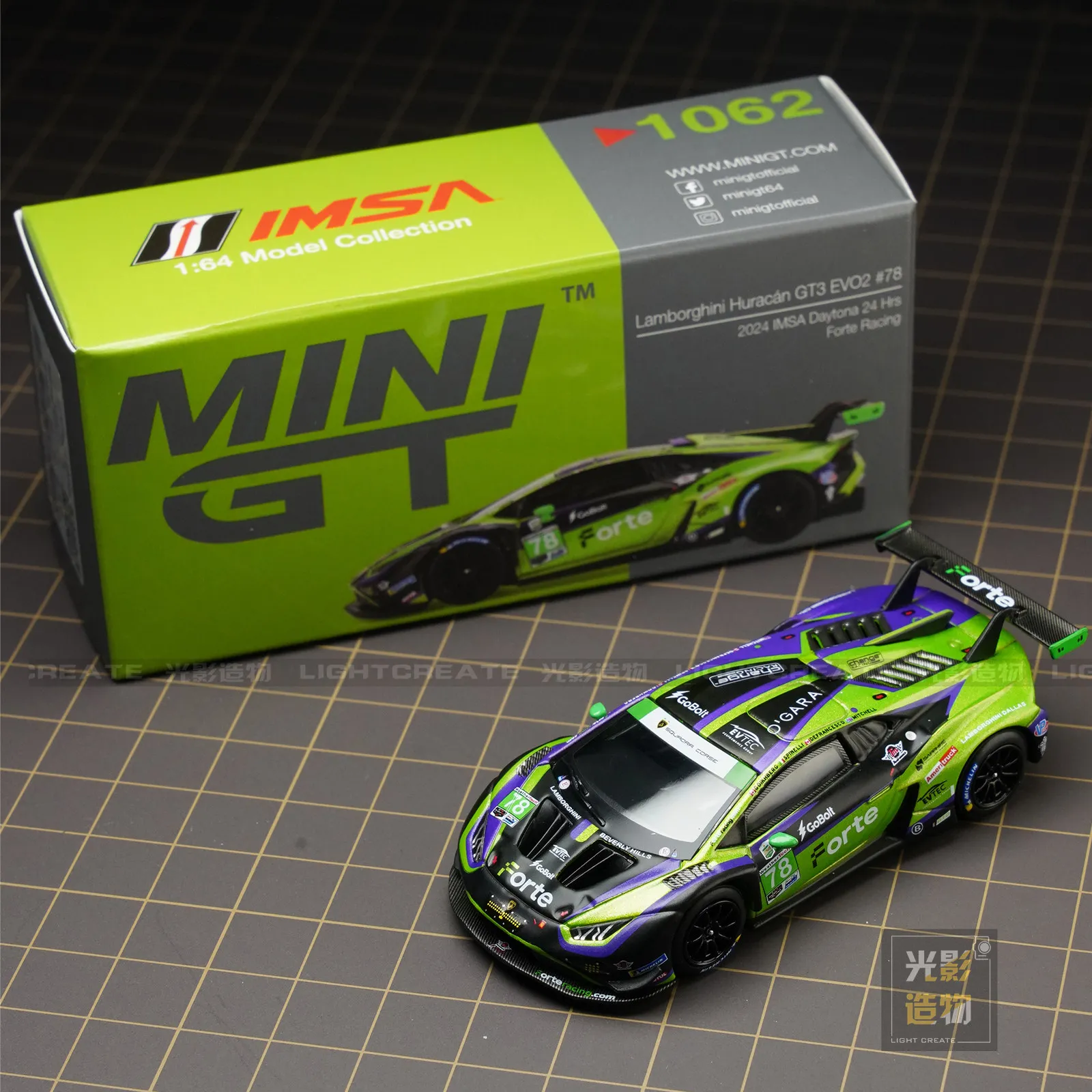 

MINIGT 1/64 Lamborghini Huracán GT3 EVO2 # 78 Forte Racing 2024 MGT01062-CH Металлическая модель автомобиля из сплава, игрушка для мальчиков
