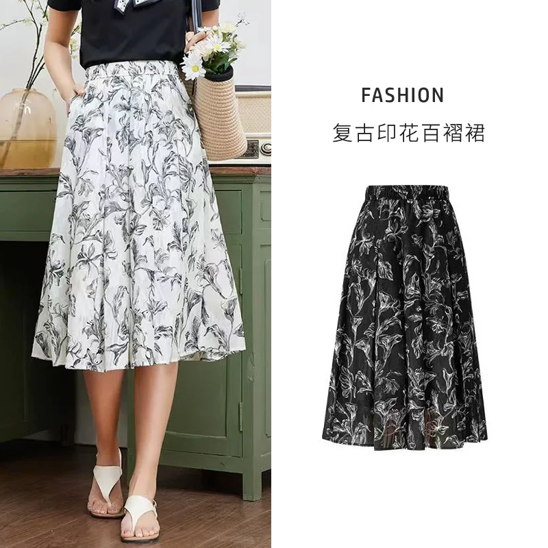 

2025 Summer New Arrival Women's Printed Flared Skirt Mid-Length High-Waisted A-Line Slimming Thin Wide Office Business Skirt