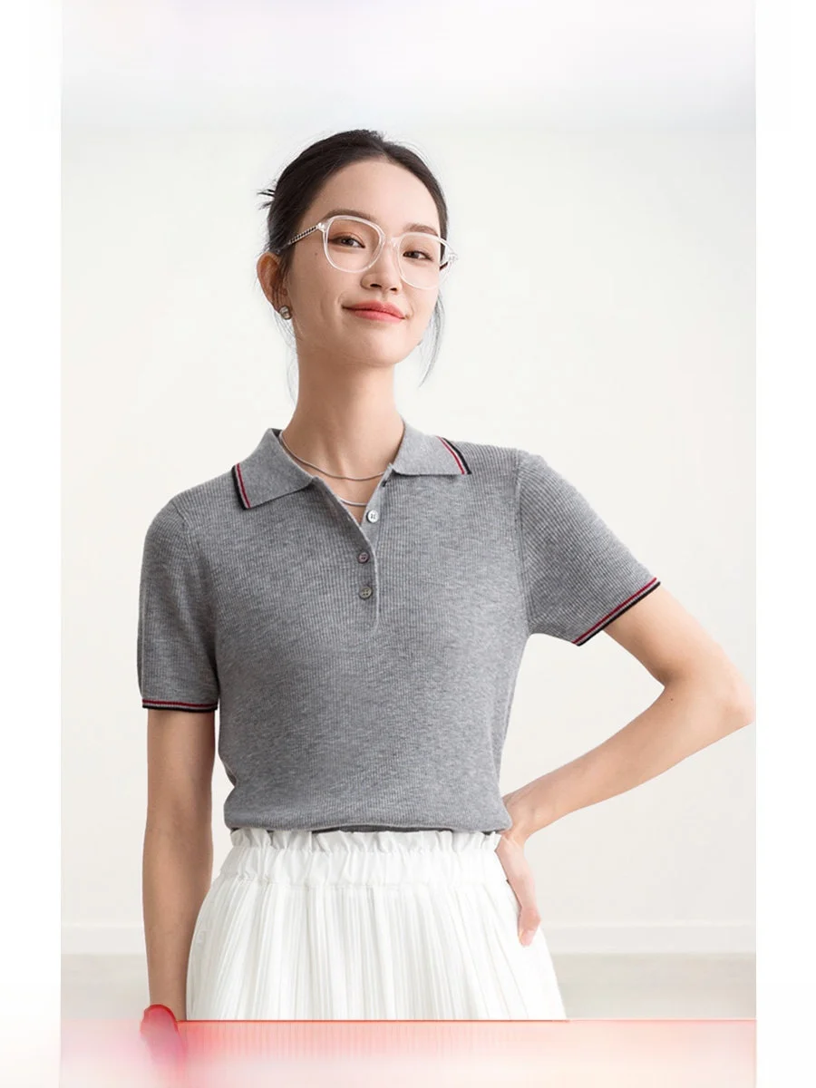 

ROCO Retro Faion lectual Spring New 6 Needle 60 Strand Ultra Fine Merino Wool Patchwork Collar Top Women's Knittedwear