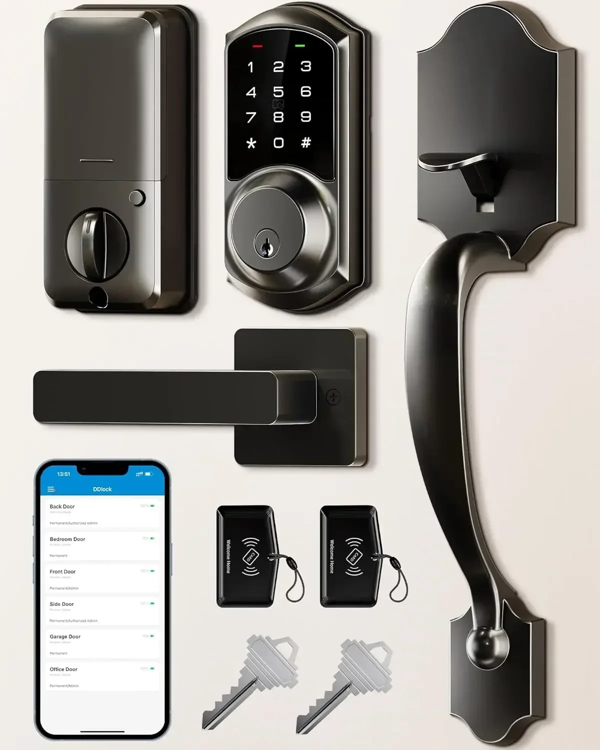 Smart Front Door Lock Set, App Control, Keyless Entry Deadbolt with Lever Handle,Auto Lock, Easy Install, Matte Black