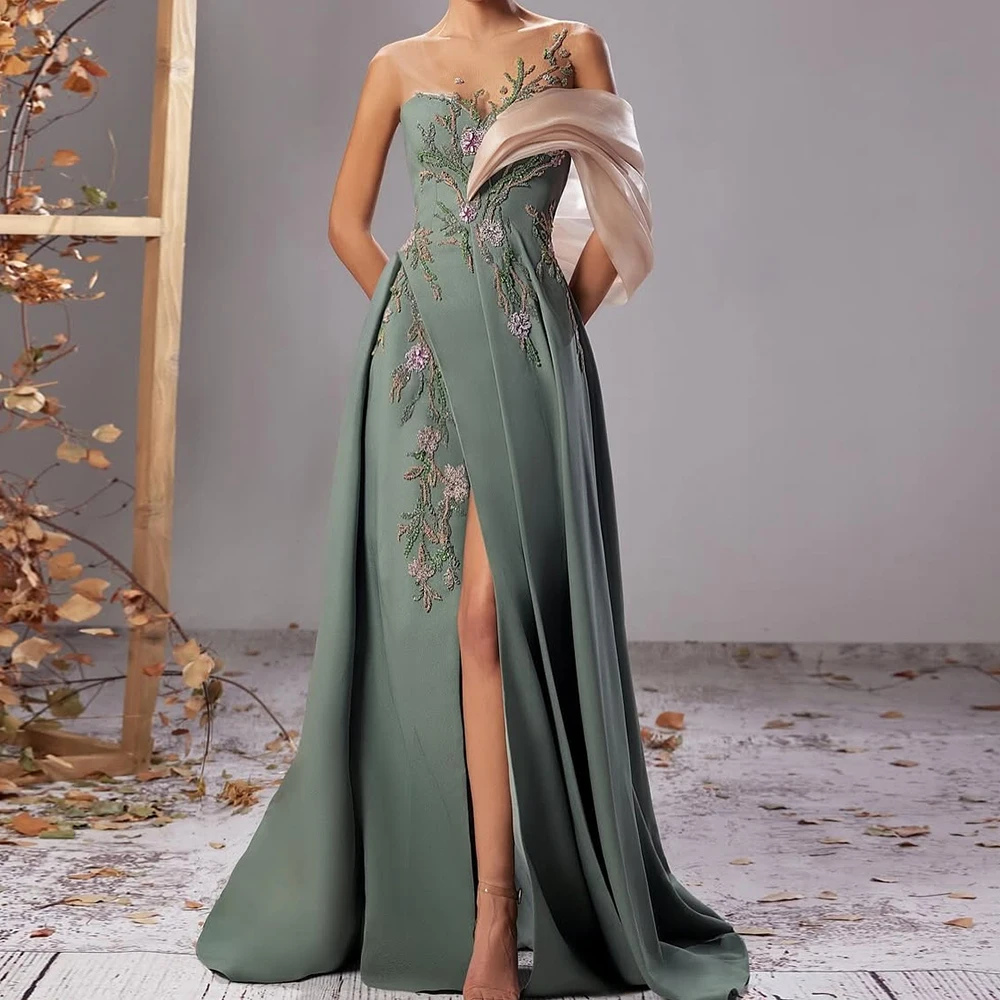 

Customized A-line Evening Dresses Floor-length Off The Shoulder Sleeveless Prom Gown Fashion Flowers Simple Draped Party Gown