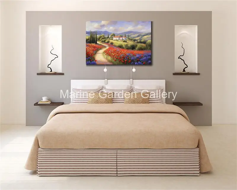 Textured Landscape Painting Village Canvas Art Oil Hand Painted Red Poppy Field Artwork Wall Picture Modern Bedroom Hotel Decor